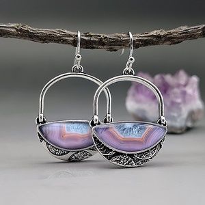 Boho Purple Blue Silver Tone Hoop Earrings